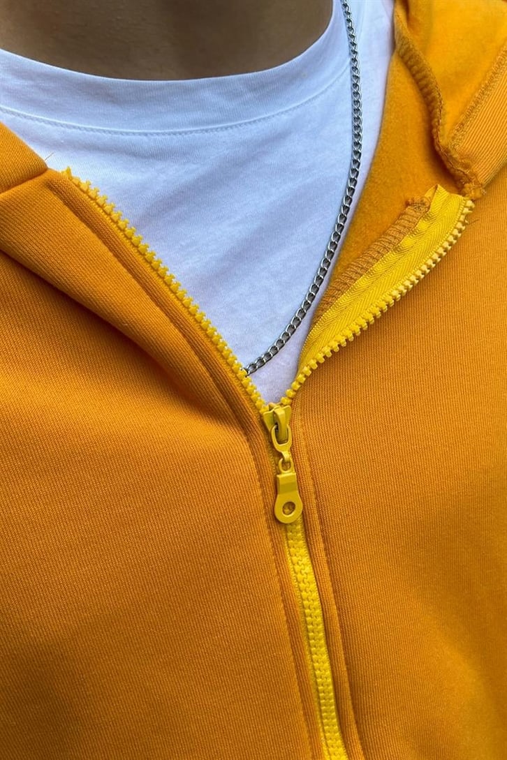 Basic Hardal İçi Pamuklu Oversize Zipper Hoodie