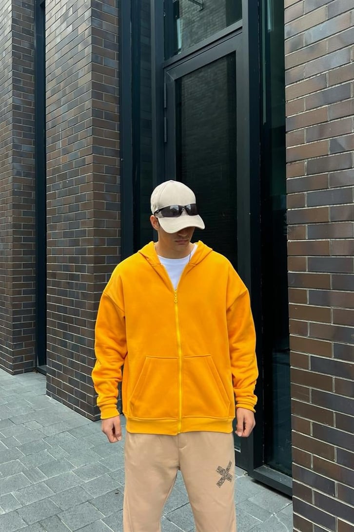 Basic Hardal İçi Pamuklu Oversize Zipper Hoodie