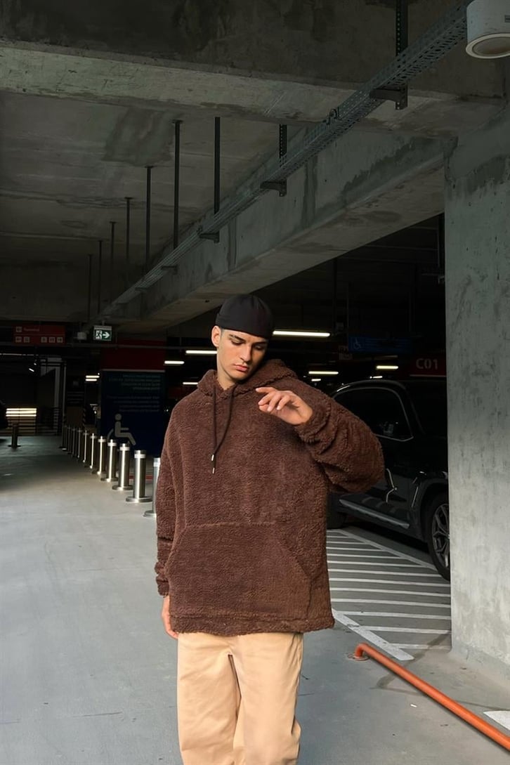 Basic Kahverengi Peluş Hoodie