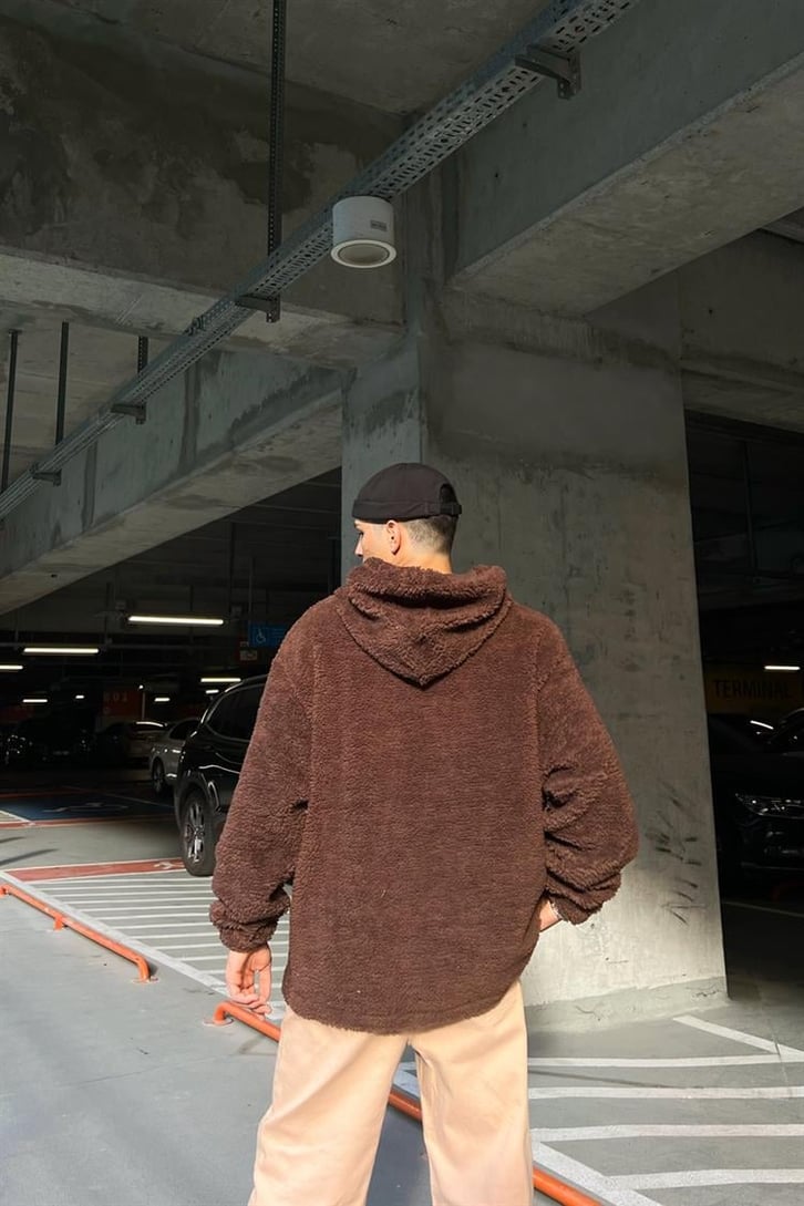 Basic Kahverengi Peluş Hoodie