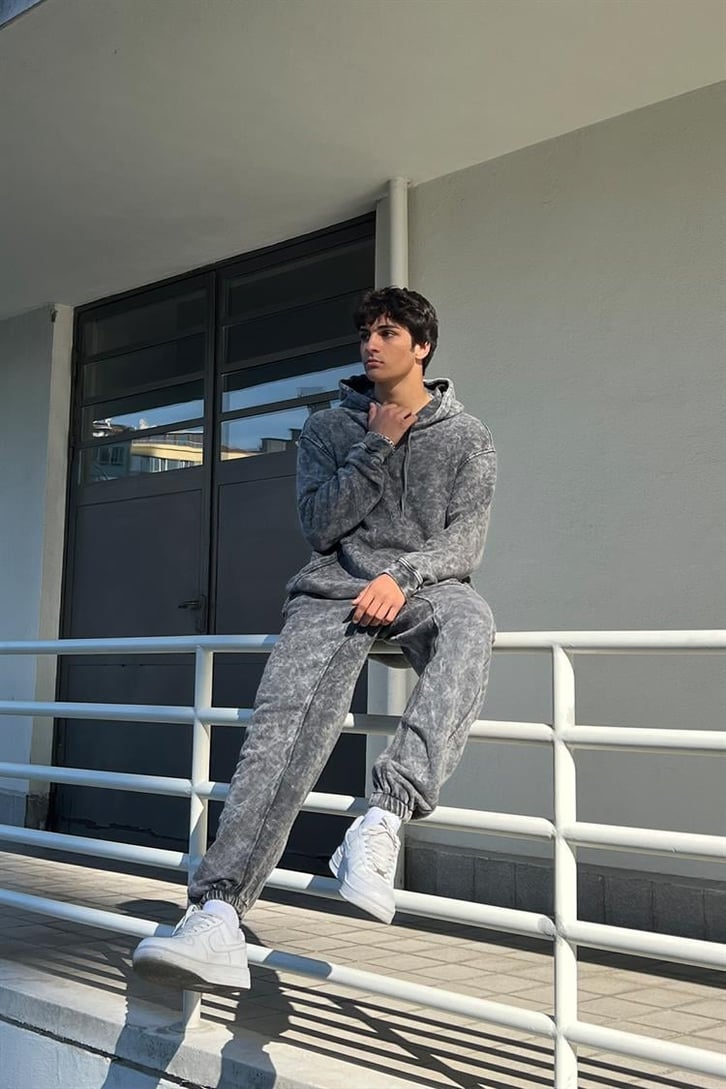 Basic Kapüşonlu Antrasit Acid Wash Eşofman Takımı