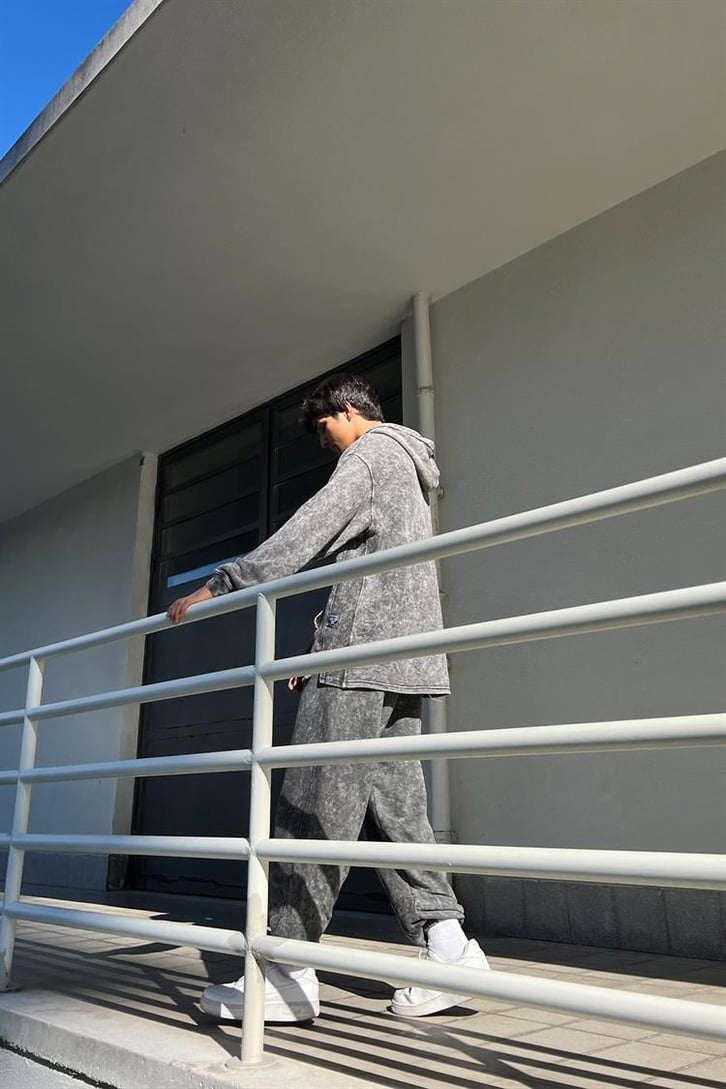 Basic Kapüşonlu Antrasit Acid Wash Eşofman Takımı
