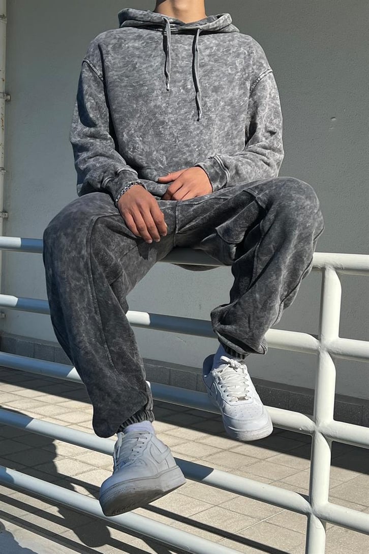 Basic Kapüşonlu Antrasit Acid Wash Eşofman Takımı