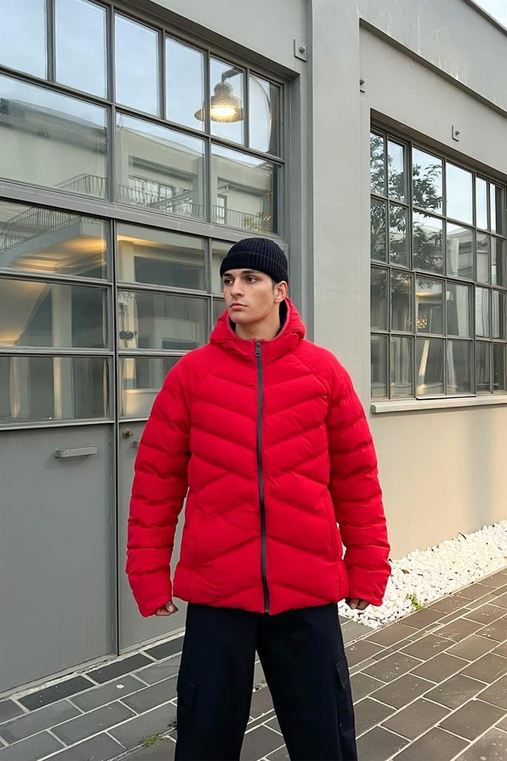 Basic Kapüşonlu Kırmızı Puffer Mont
