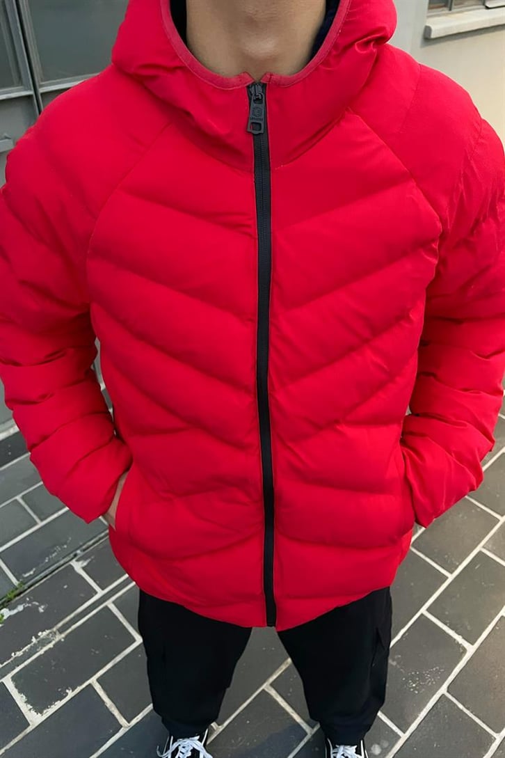 Basic Kapüşonlu Kırmızı Puffer Mont