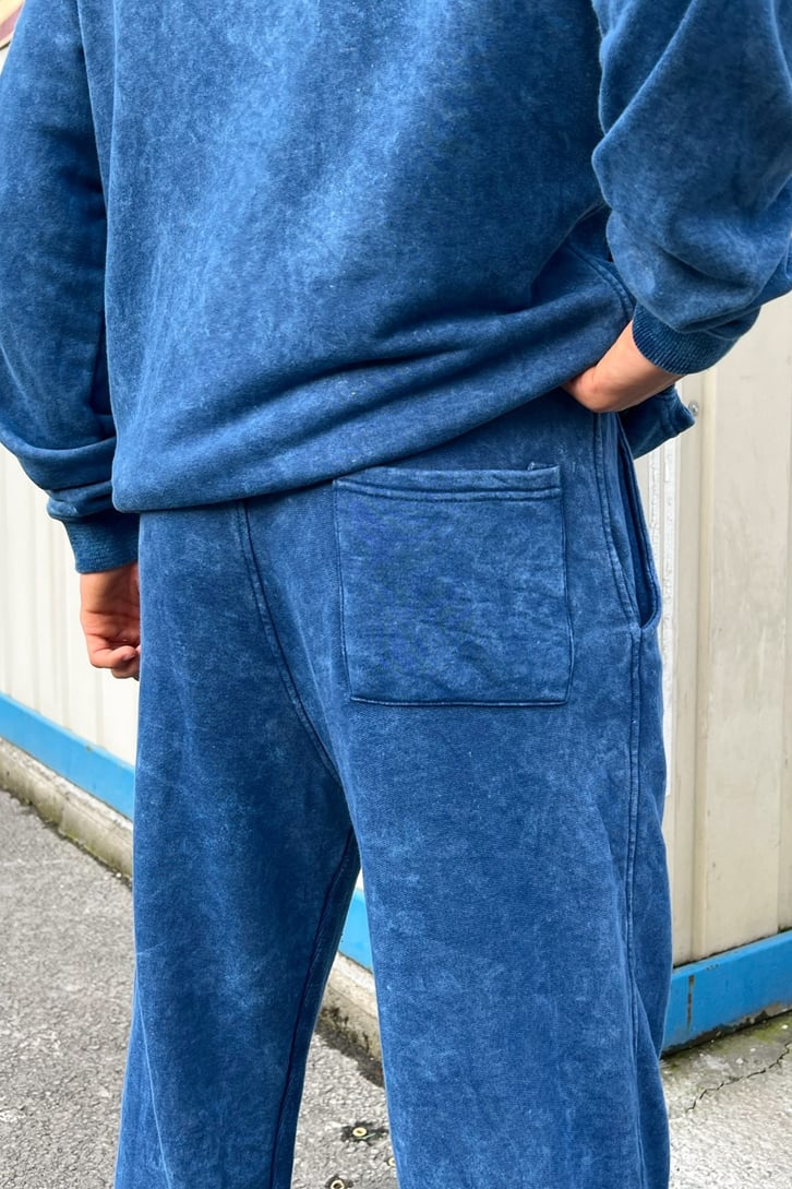 Basic Kapüşonlu Mavi Acid Wash Eşofman Takımı