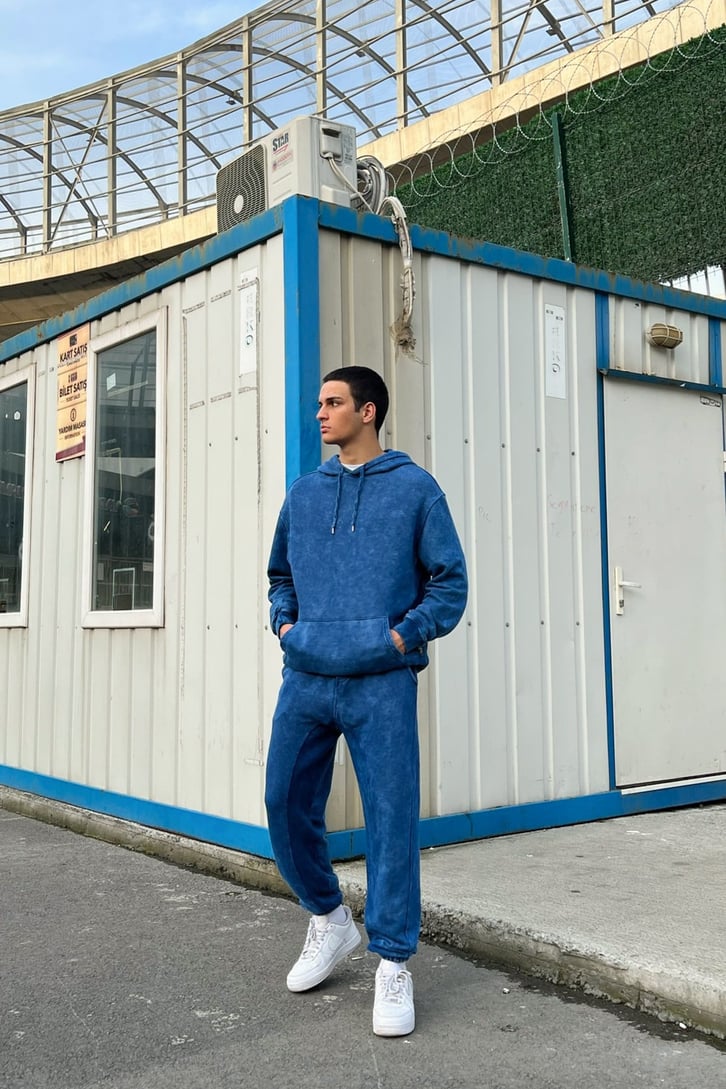 Basic Kapüşonlu Mavi Acid Wash Eşofman Takımı
