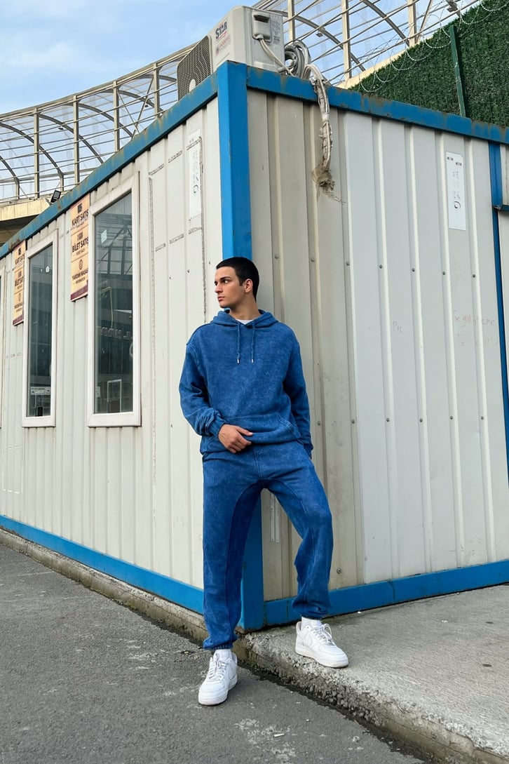Basic Kapüşonlu Mavi Acid Wash Eşofman Takımı