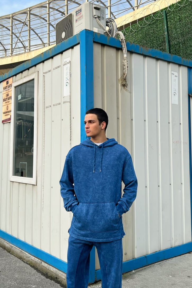 Basic Kapüşonlu Mavi Acid Wash Eşofman Takımı