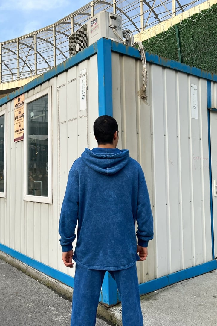 Basic Kapüşonlu Mavi Acid Wash Eşofman Takımı