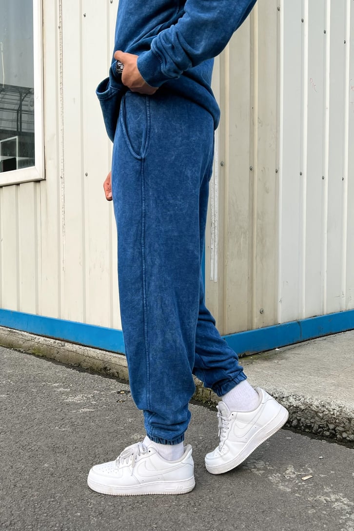 Basic Kapüşonlu Mavi Acid Wash Eşofman Takımı