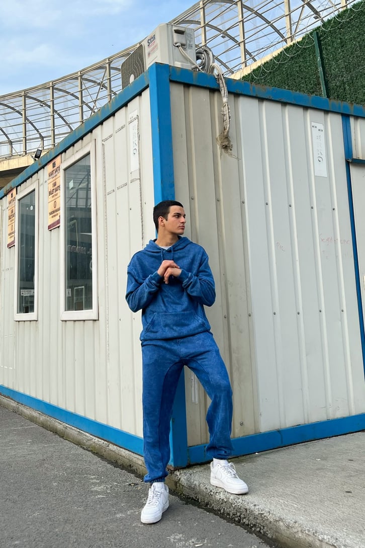 Basic Kapüşonlu Mavi Acid Wash Eşofman Takımı