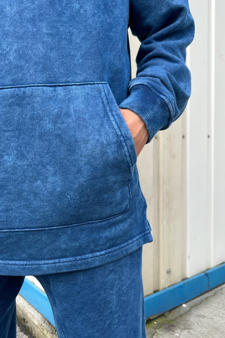 Basic Kapüşonlu Mavi Acid Wash Eşofman Takımı