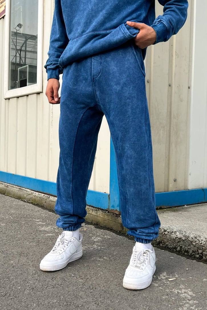 Basic Kapüşonlu Mavi Acid Wash Eşofman Takımı