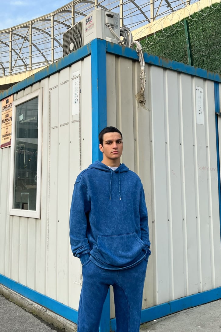 Basic Kapüşonlu Mavi Acid Wash Eşofman Takımı