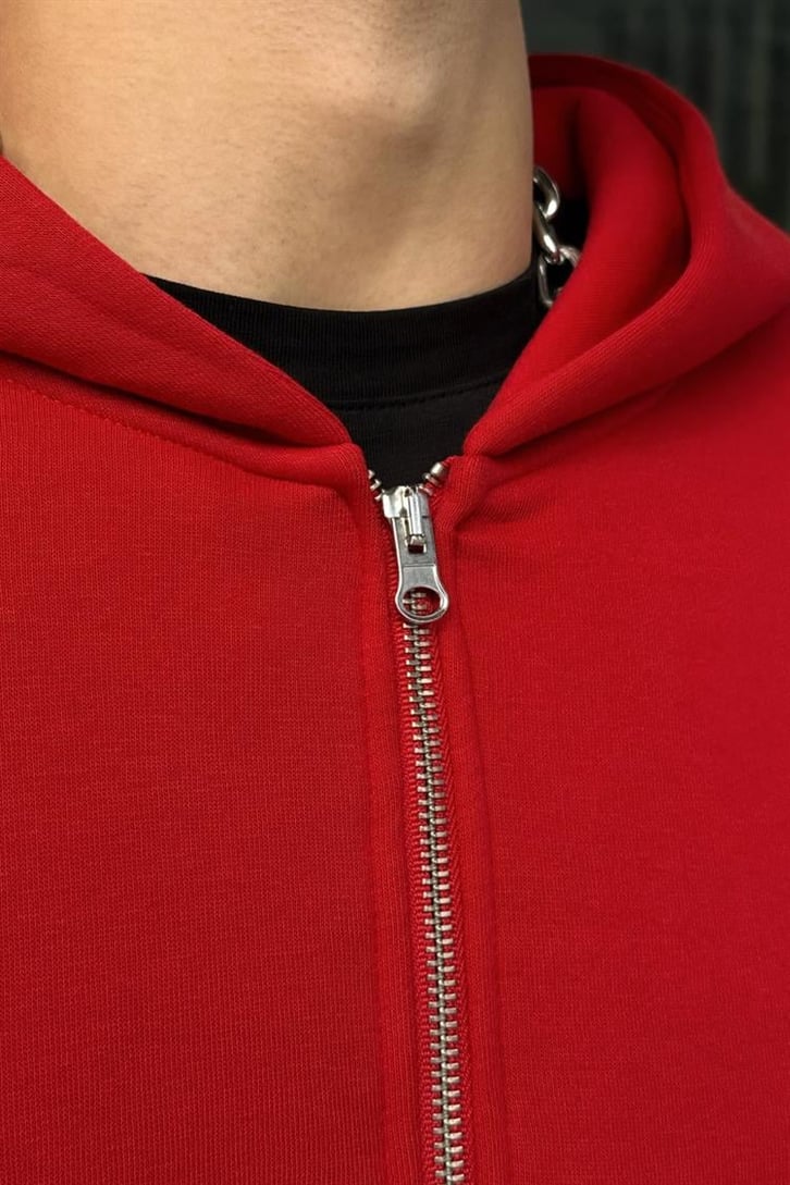 Basic Kırmızı Zipper Oversize Hoodie