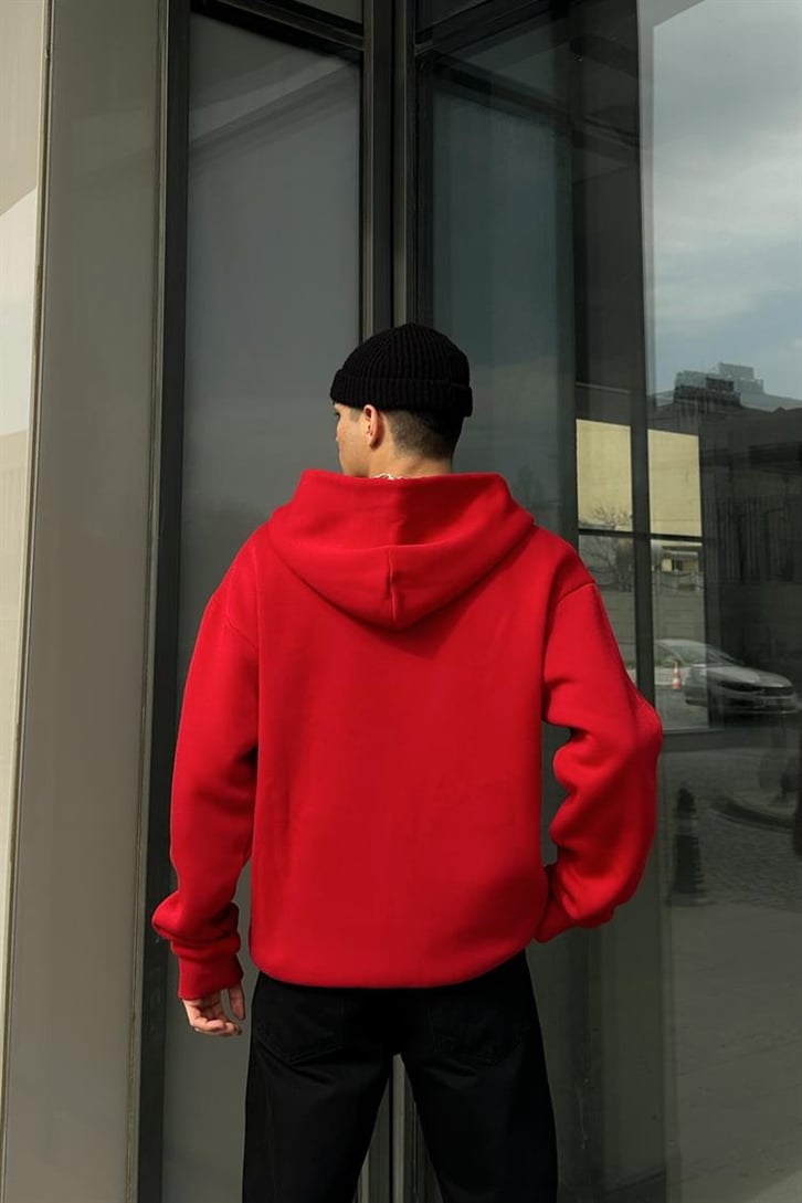 Basic Kırmızı Zipper Oversize Hoodie