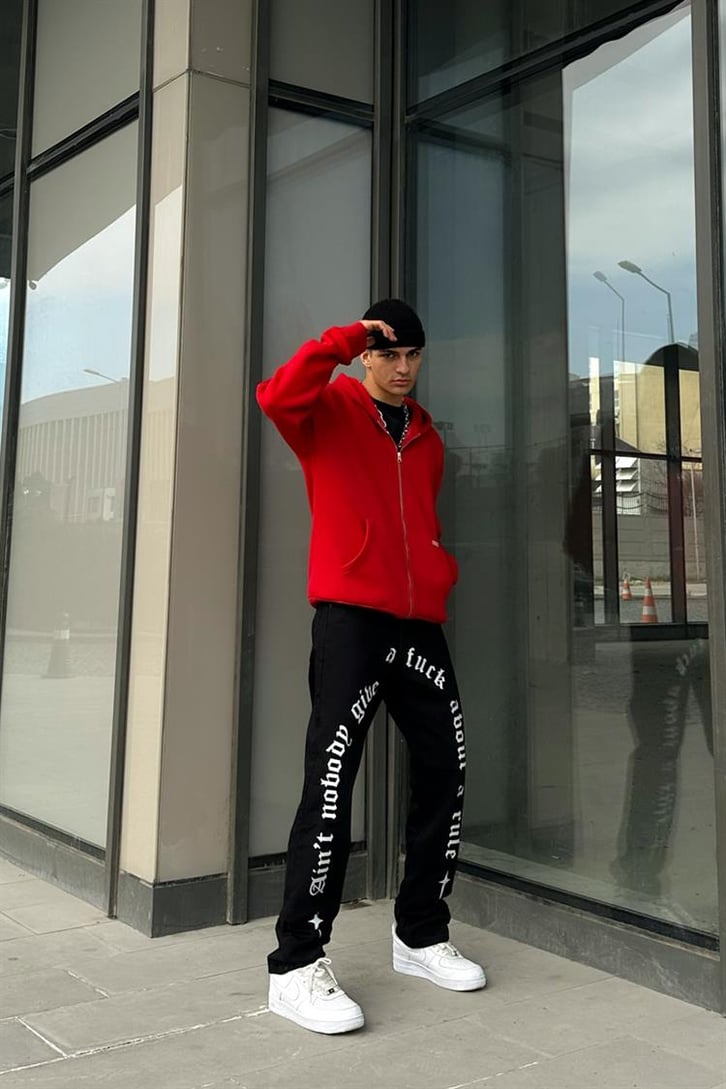 Basic Kırmızı Zipper Oversize Hoodie