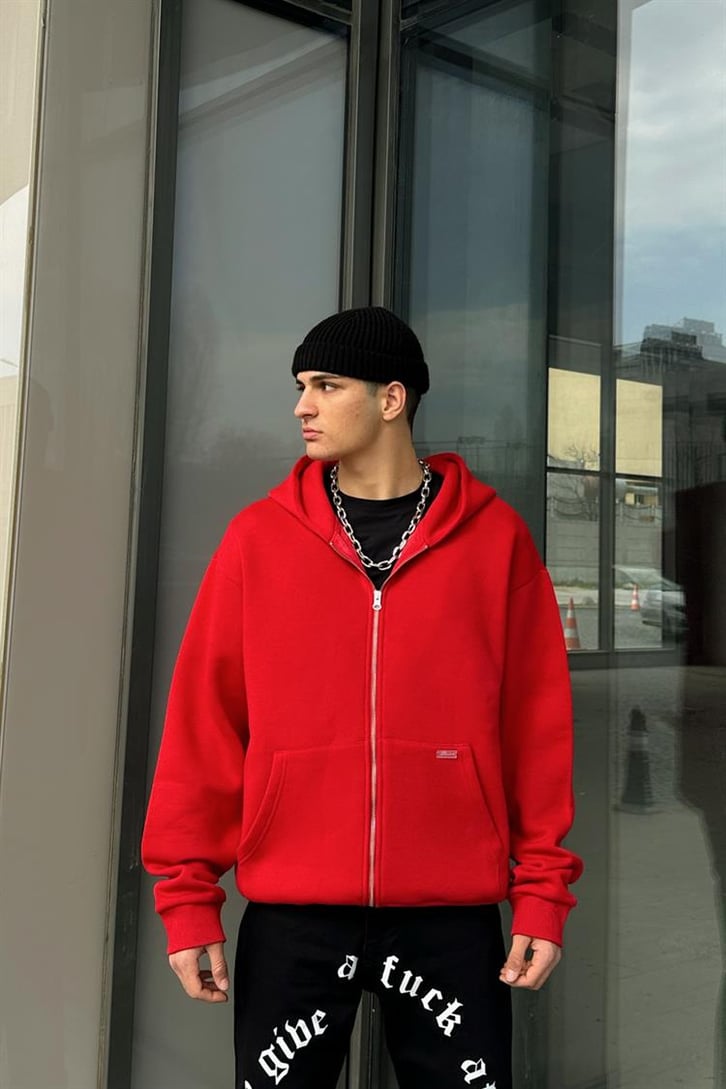 Basic Kırmızı Zipper Oversize Hoodie