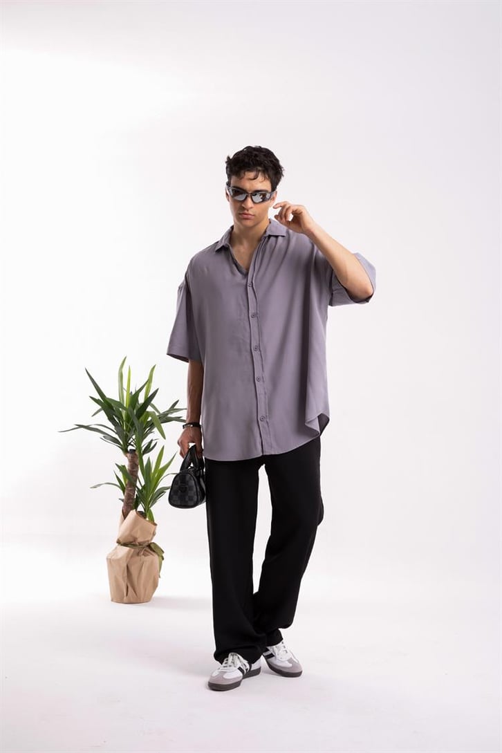 Basic Koyu Gri Oversize Kısa Kol Gömlek
