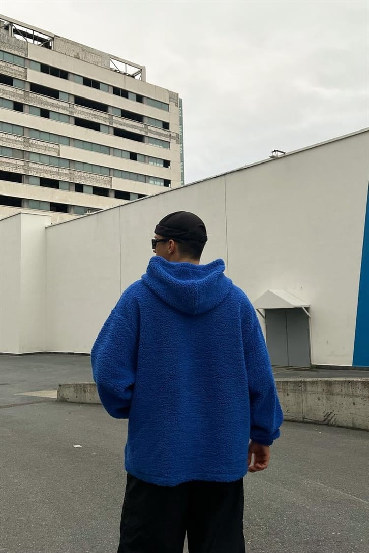 Basic Koyu Mavi Peluş Hoodie