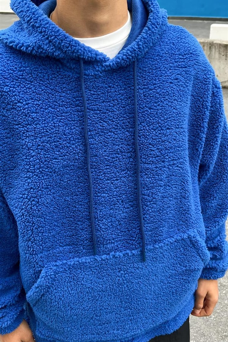 Basic Koyu Mavi Peluş Hoodie