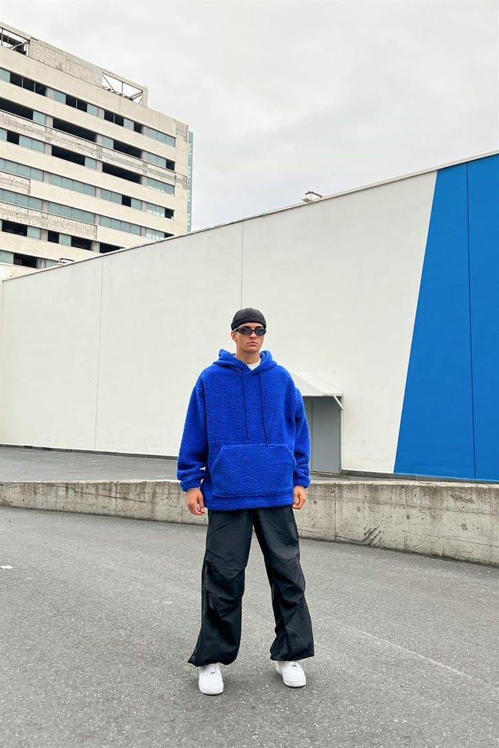 Basic Koyu Mavi Peluş Hoodie