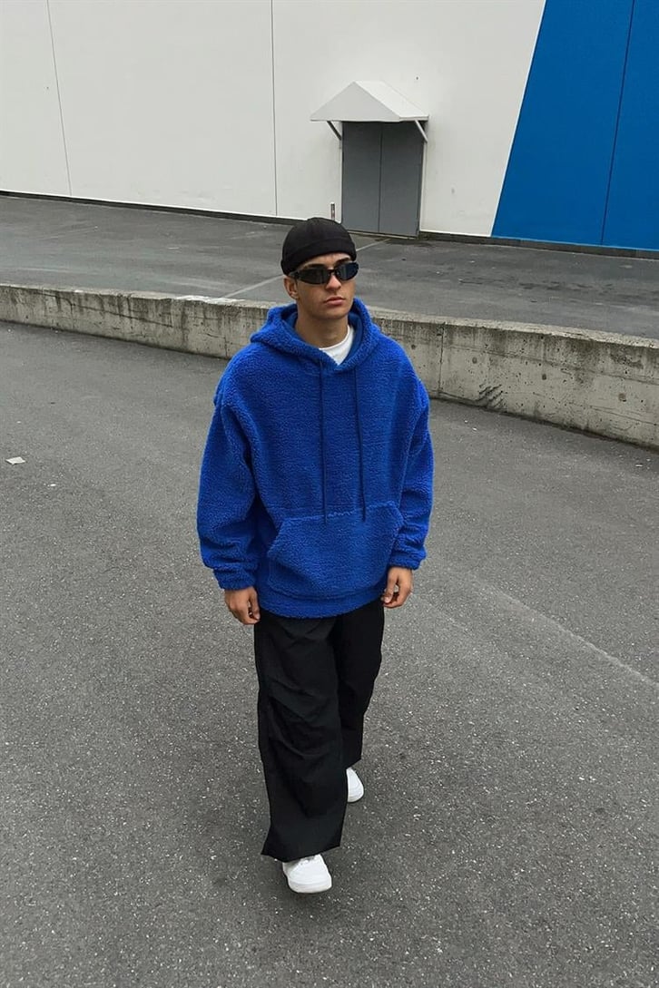 Basic Koyu Mavi Peluş Hoodie