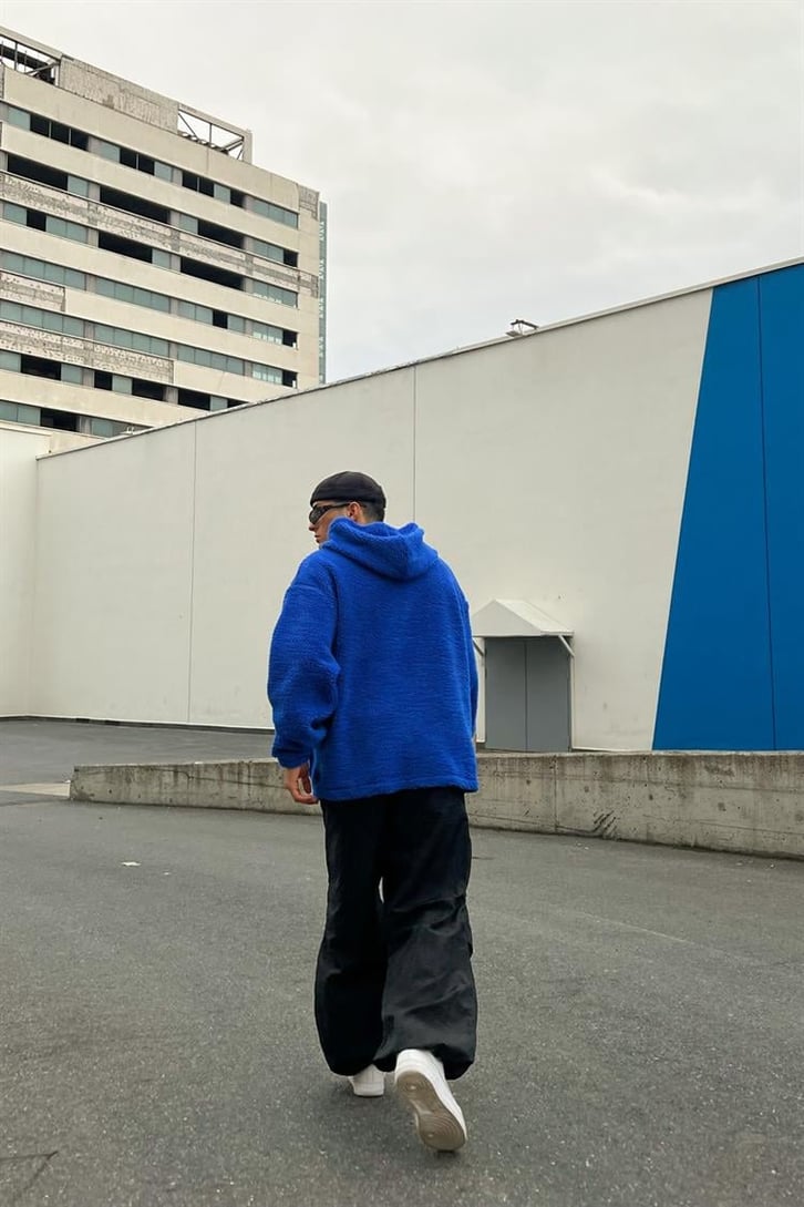 Basic Koyu Mavi Peluş Hoodie