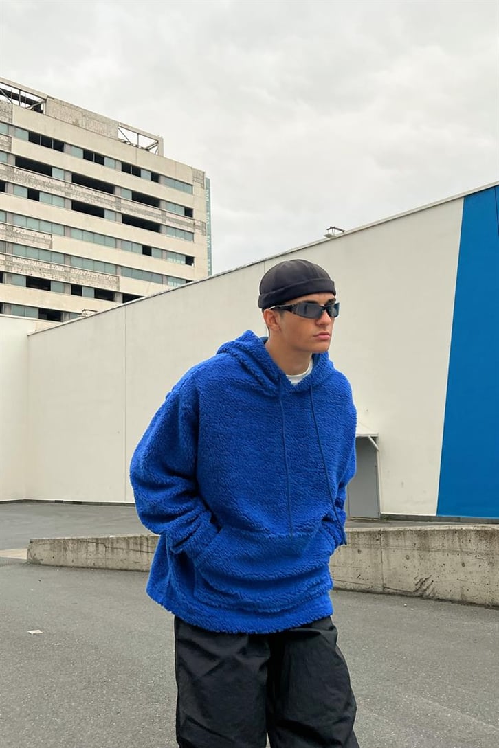 Basic Koyu Mavi Peluş Hoodie