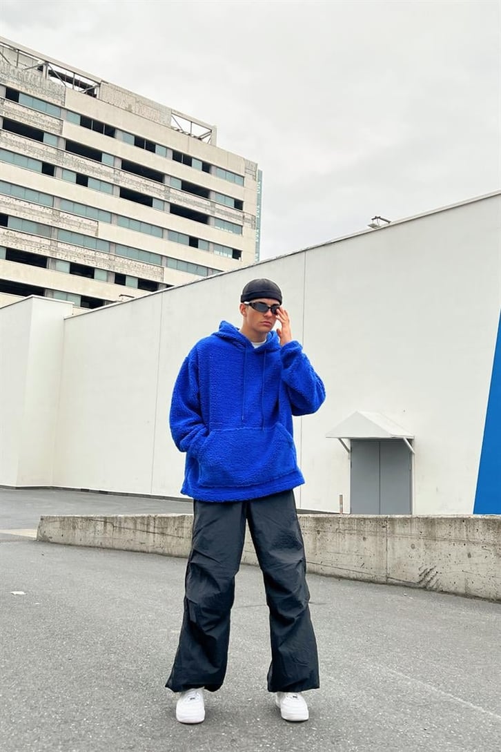 Basic Koyu Mavi Peluş Hoodie