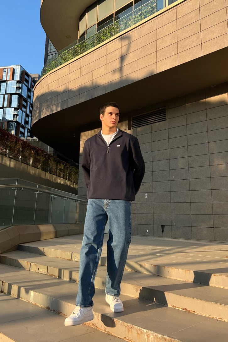 Basic Lacivert Half-Zip Sweatshirt