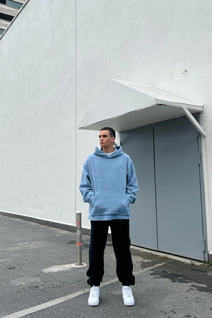 Basic Mavi İçi Pamuklu Peluş Hoodie
