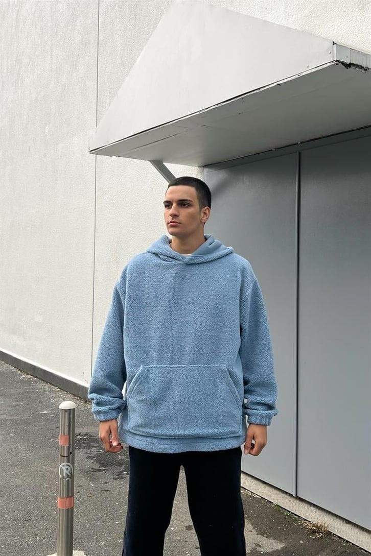 Basic Mavi İçi Pamuklu Peluş Hoodie