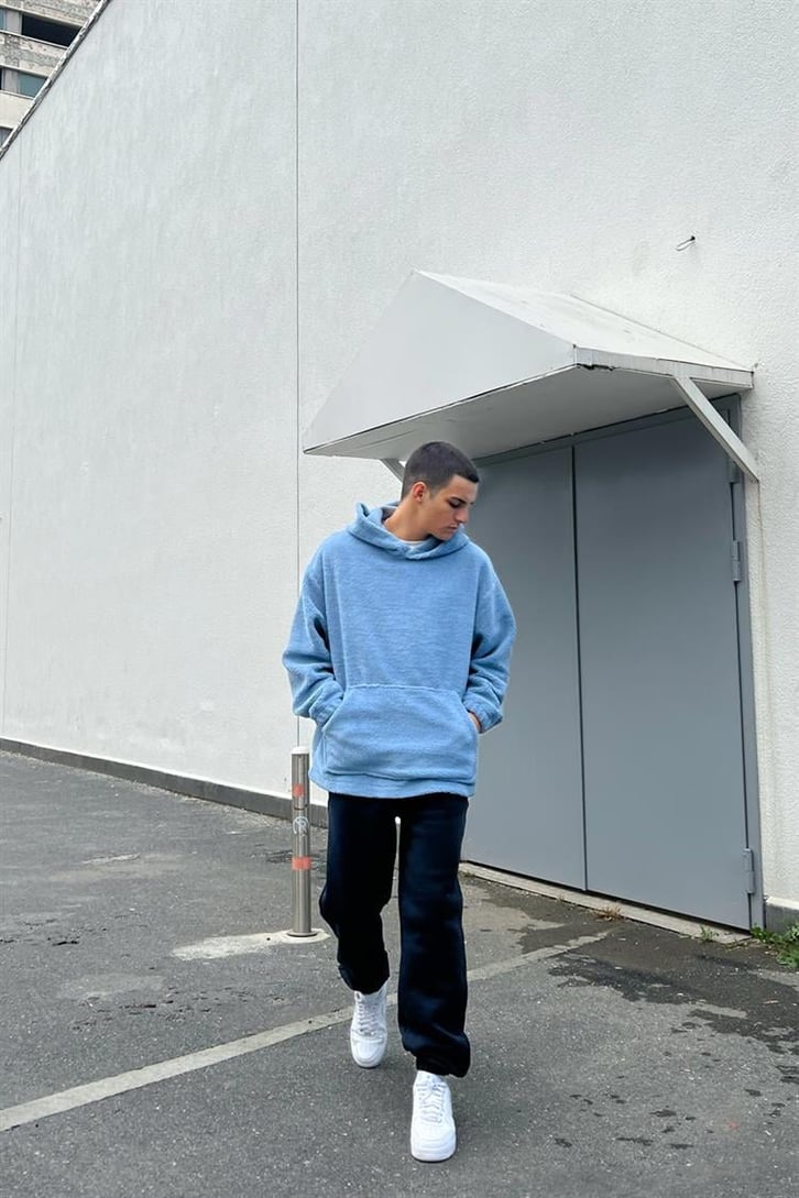 Basic Mavi İçi Pamuklu Peluş Hoodie
