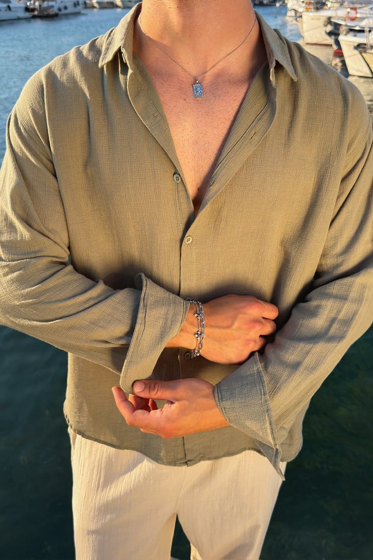 Basic Oversize Haki Ham Keten Gömlek