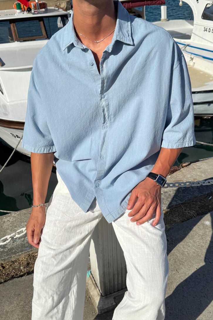 Basic Oversize Kısa Kol Keten Gömlek