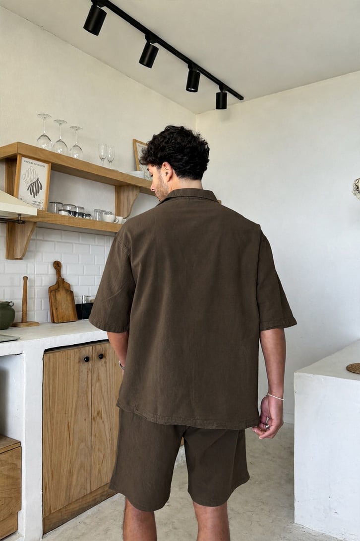 Basic Oversize Kısa Kol Keten Gömlek Koyu Kahve