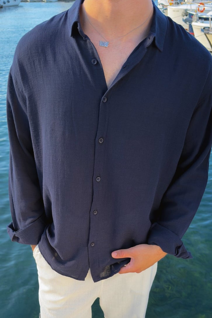 Basic Oversize Lacivert Ham Keten Gömlek