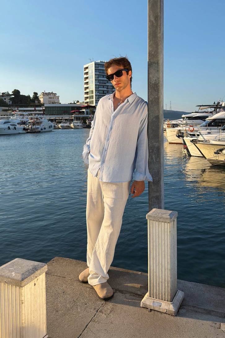 Basic Oversize Mavi Ham Keten Gömlek