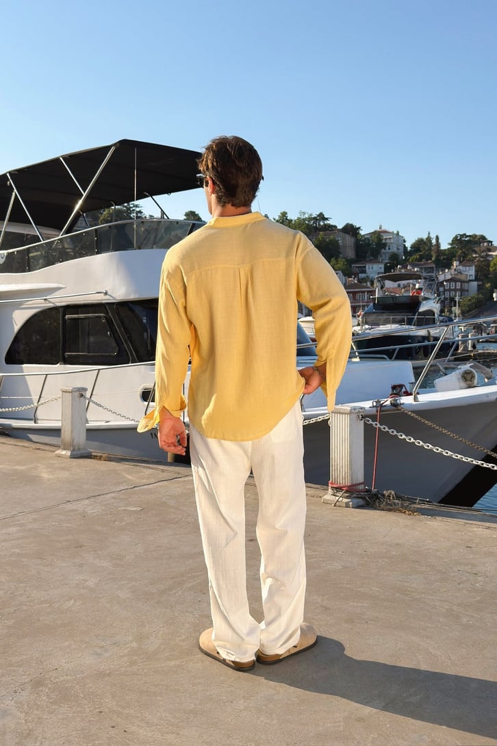 Basic Oversize Sarı Ham Keten Gömlek