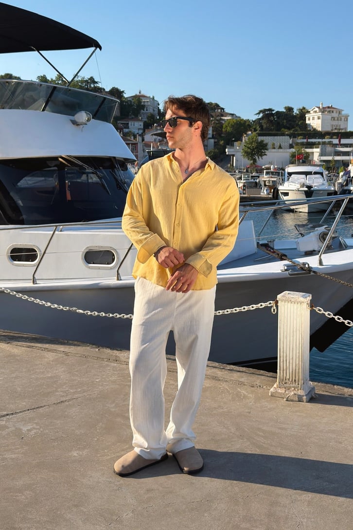 Basic Oversize Sarı Ham Keten Gömlek