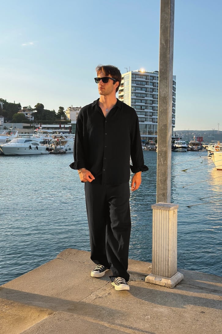Basic Oversize Siyah Ham Keten Gömlek