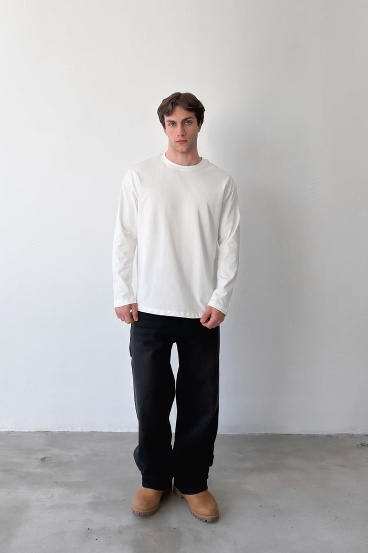 Basic Oversize Uzun Kol Tişört Ekru