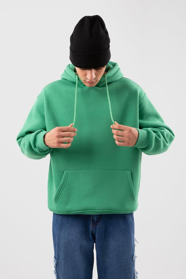 Basic Oversize Yeşil Hoodie