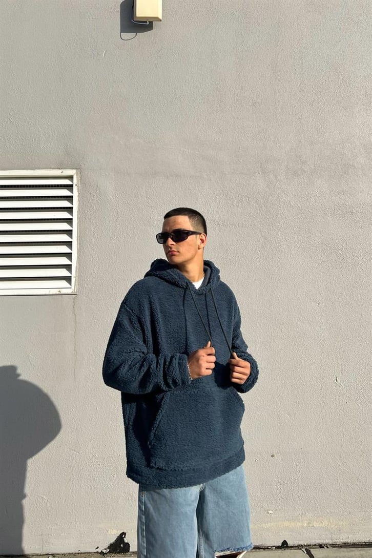 Basic Petrol Mavisi İçi Pamuklu Peluş Hoodie