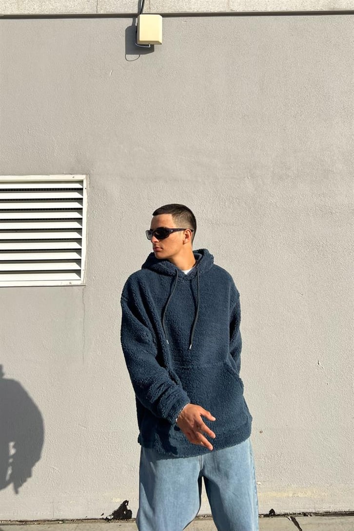 Basic Petrol Mavisi İçi Pamuklu Peluş Hoodie