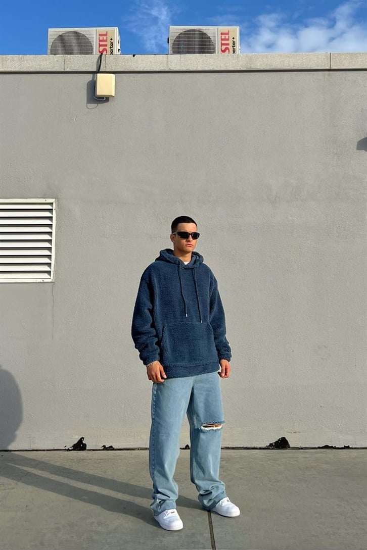 Basic Petrol Mavisi İçi Pamuklu Peluş Hoodie