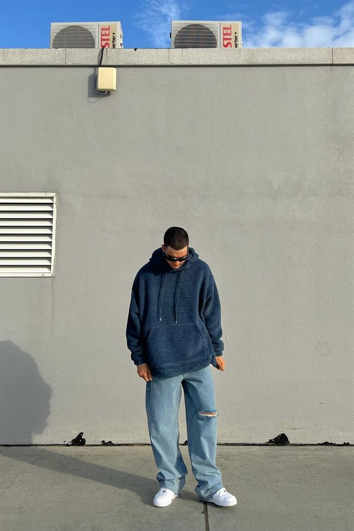 Basic Petrol Mavisi İçi Pamuklu Peluş Hoodie