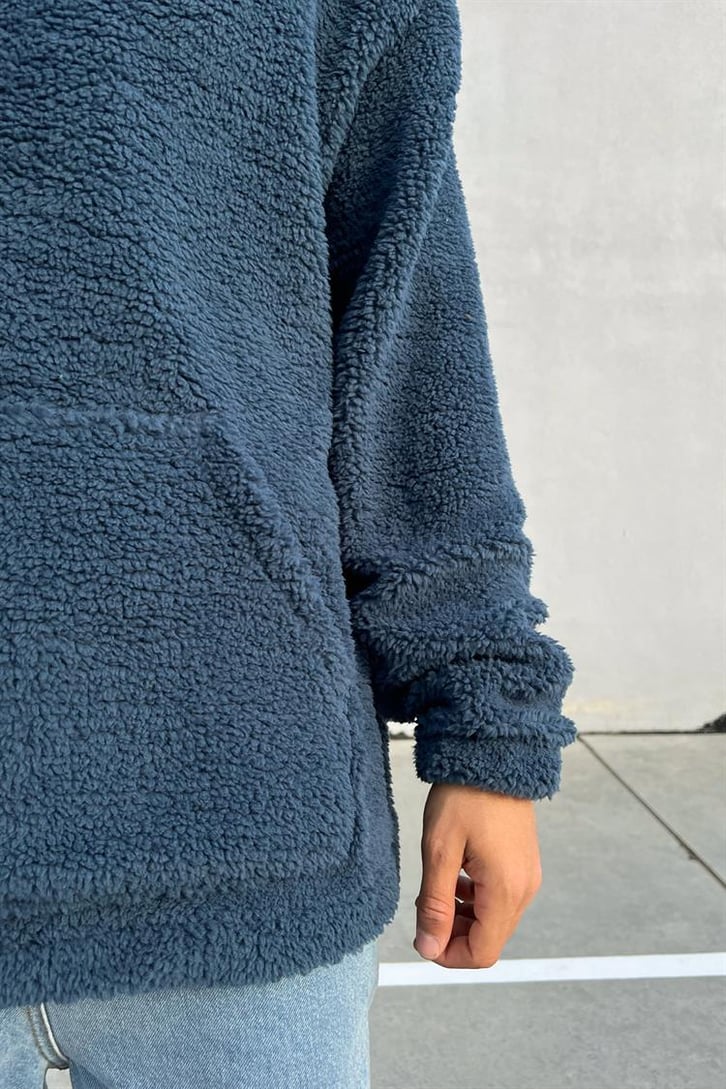 Basic Petrol Mavisi İçi Pamuklu Peluş Hoodie